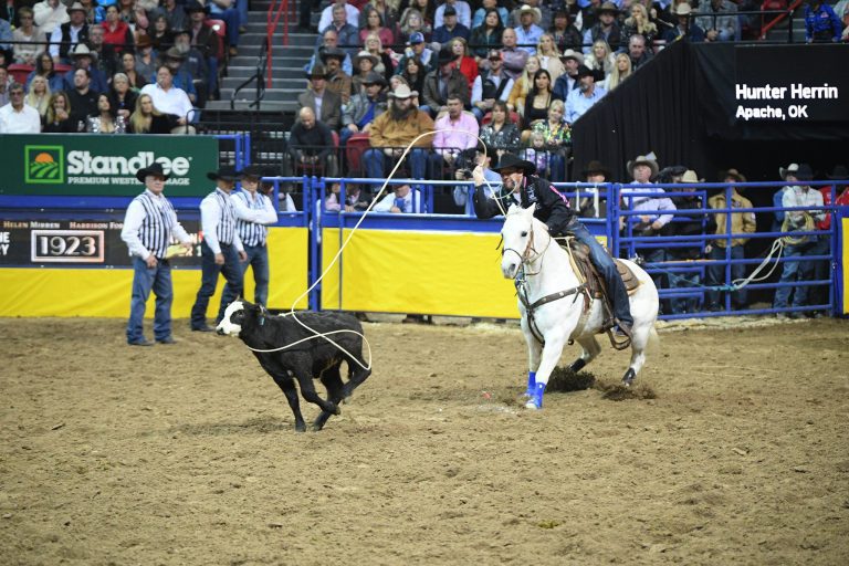 Hunter Herrin at the 2022 NFR tie-down roping.
