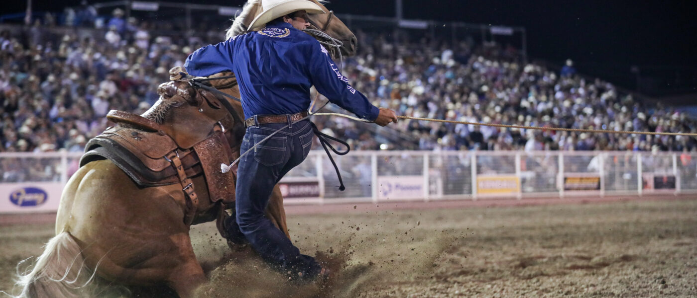 Haven Meged dismounts at the 2023 Caldwell Night Rodeo