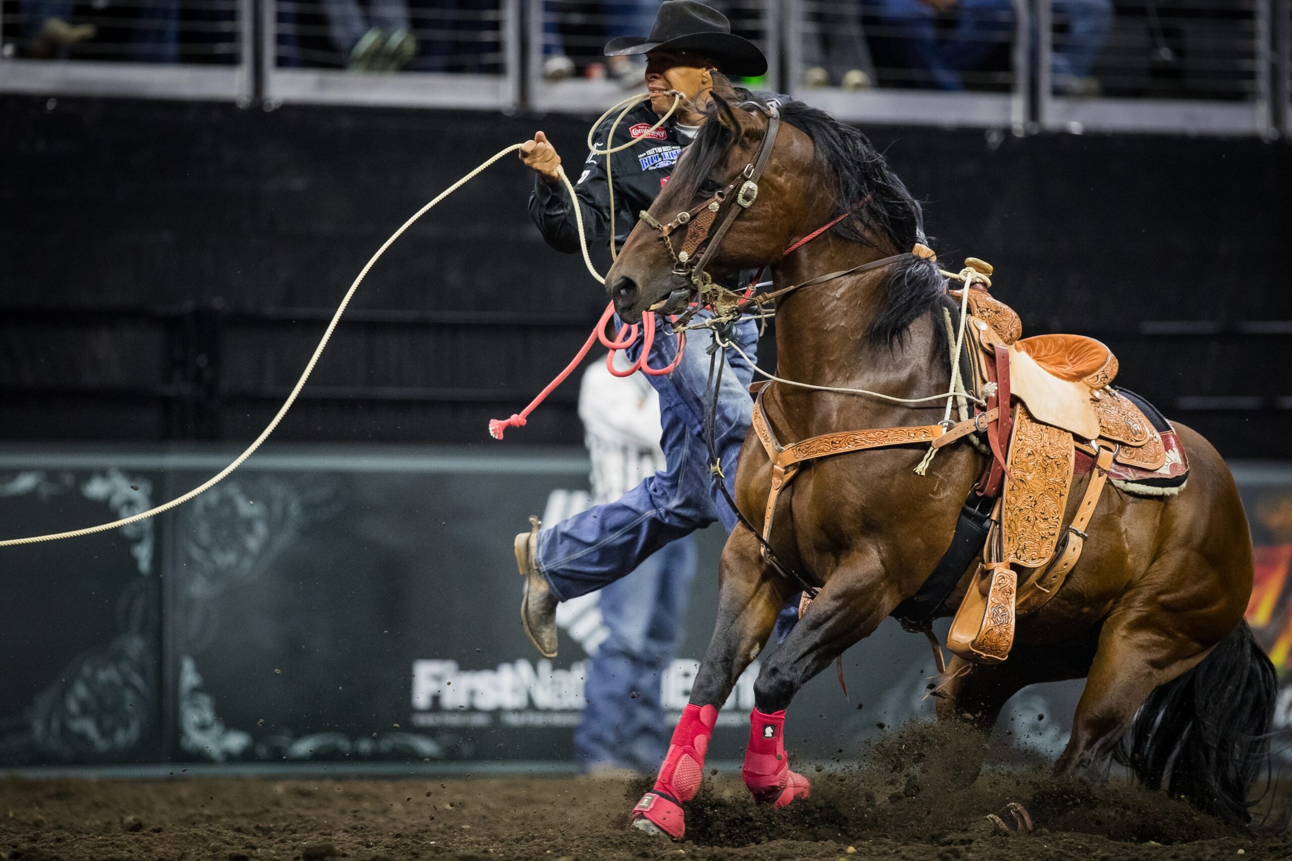 Shad Mayfield stepping off his horse to tie down his calf in the four-man round in Sioux Falls at the 2023 Cinch Playoffs Governor's Cup.