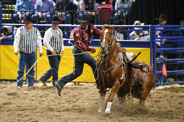 Haven Meged is the newest holder of the NFR tie-down arena record, roping and tying in 6.4 seconds in Round 7.