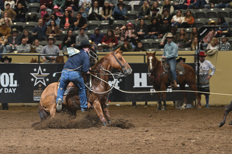 Westyn Hughes roping a calf to win the American Contender Tournament East Regional Finals.