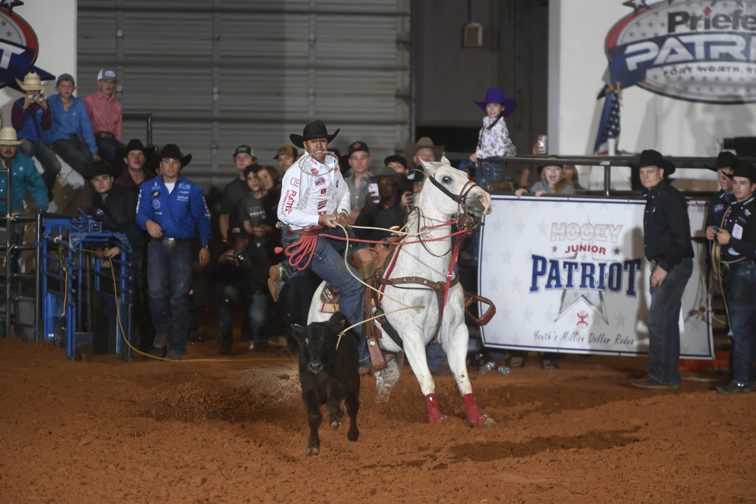 Shad Mayfield roping a calf at the 2023 Patriot Open Tie-Down Roping.