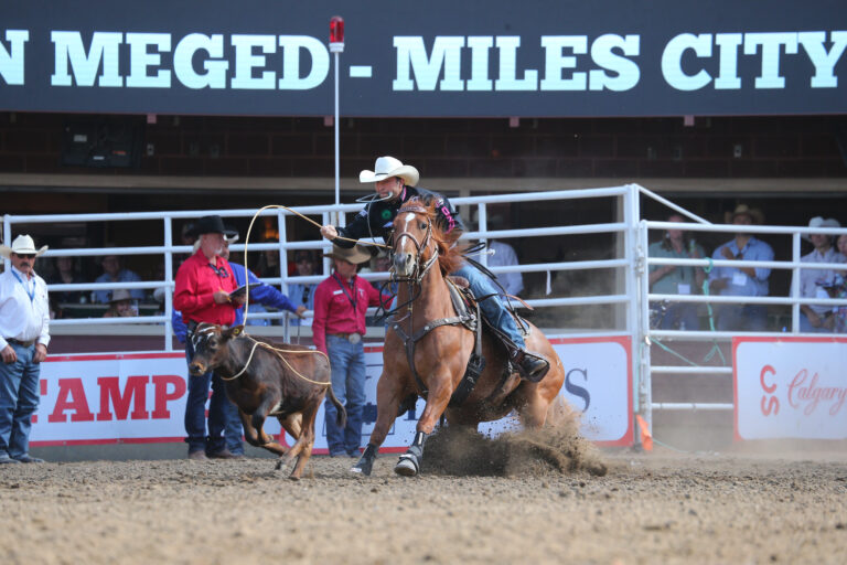 Haven Meged managed to navigate two fumbles on his way to winning the 2024 Calgary Stampede; his horse Lil Punch stumbling and his calf heading left, changing his slack strategy.