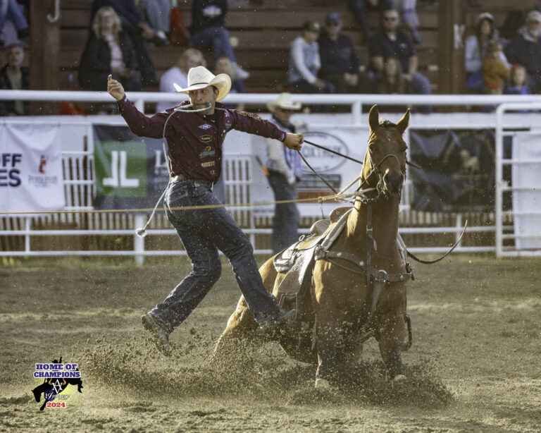 Haven Meged steps off to make a run at the Home of Champions Rodeo in Red Lodge, MT, over the Cowboy Christmas run.