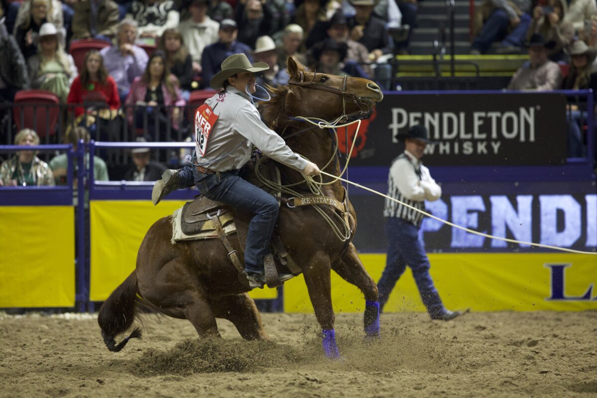 Quade Hiatt aboard JJ Shimmer Cat, aka "Big Red" in Round 1 of the 2024 NFR.