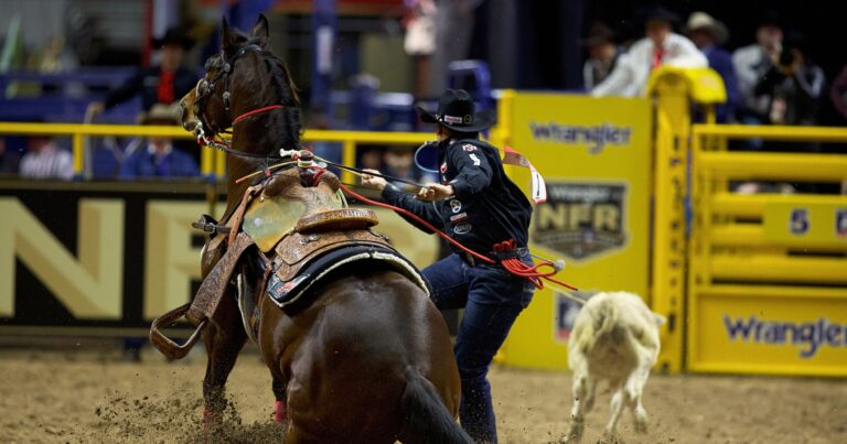 Shad Mayfield dismounts his horse during a calf roping run