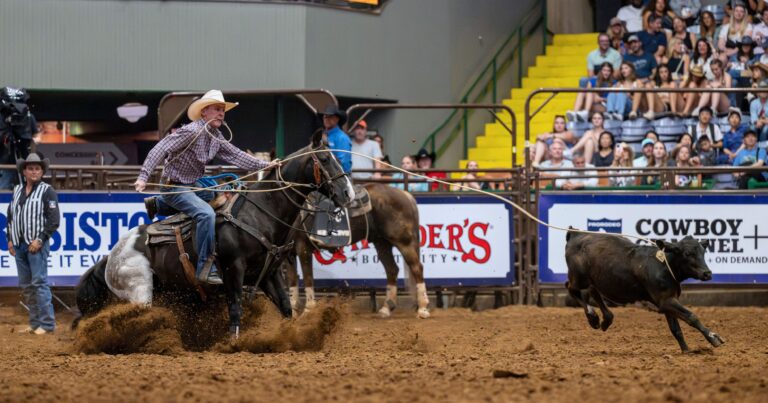 Blayne Saine and trusty "Cletus" put together an 8.4-second run for the 2025 Resistol Rookie Roundup win.