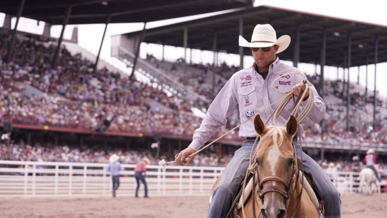 Riley Pruitt after winning the Semifinals tie-down roping in Cheyenne
