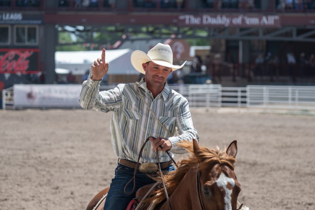 Britt Bedke taking a victory lap at Cheyenne after his 2026 win.