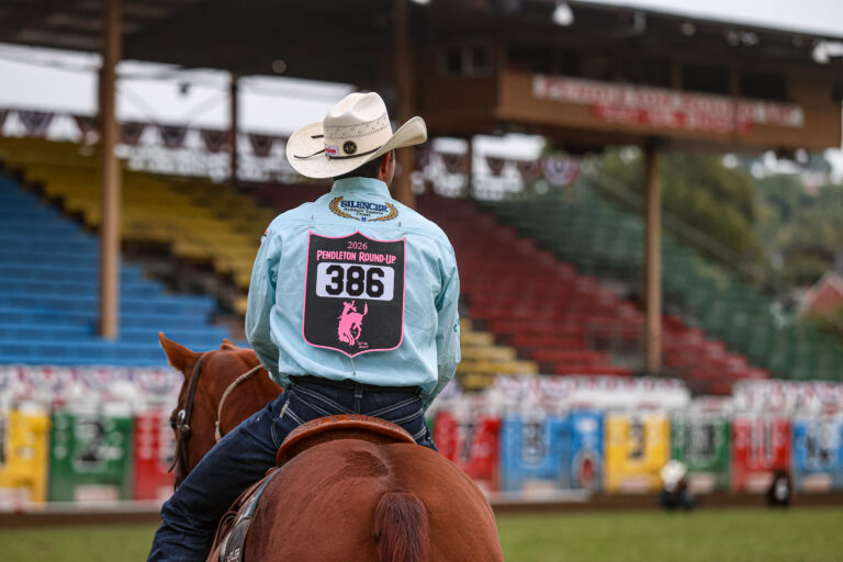 Haven Meged after going 9.2 on the grass the 2026 Pendleton Round-Up.